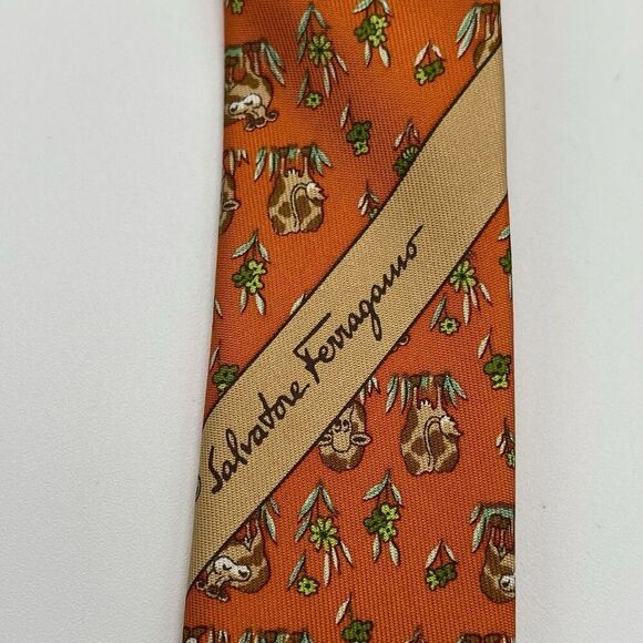 SALVATORE FERRAGAMO Tie Men's Orange ORN Cow All Over Pattern Made in Italy - Picture 9 of 9
